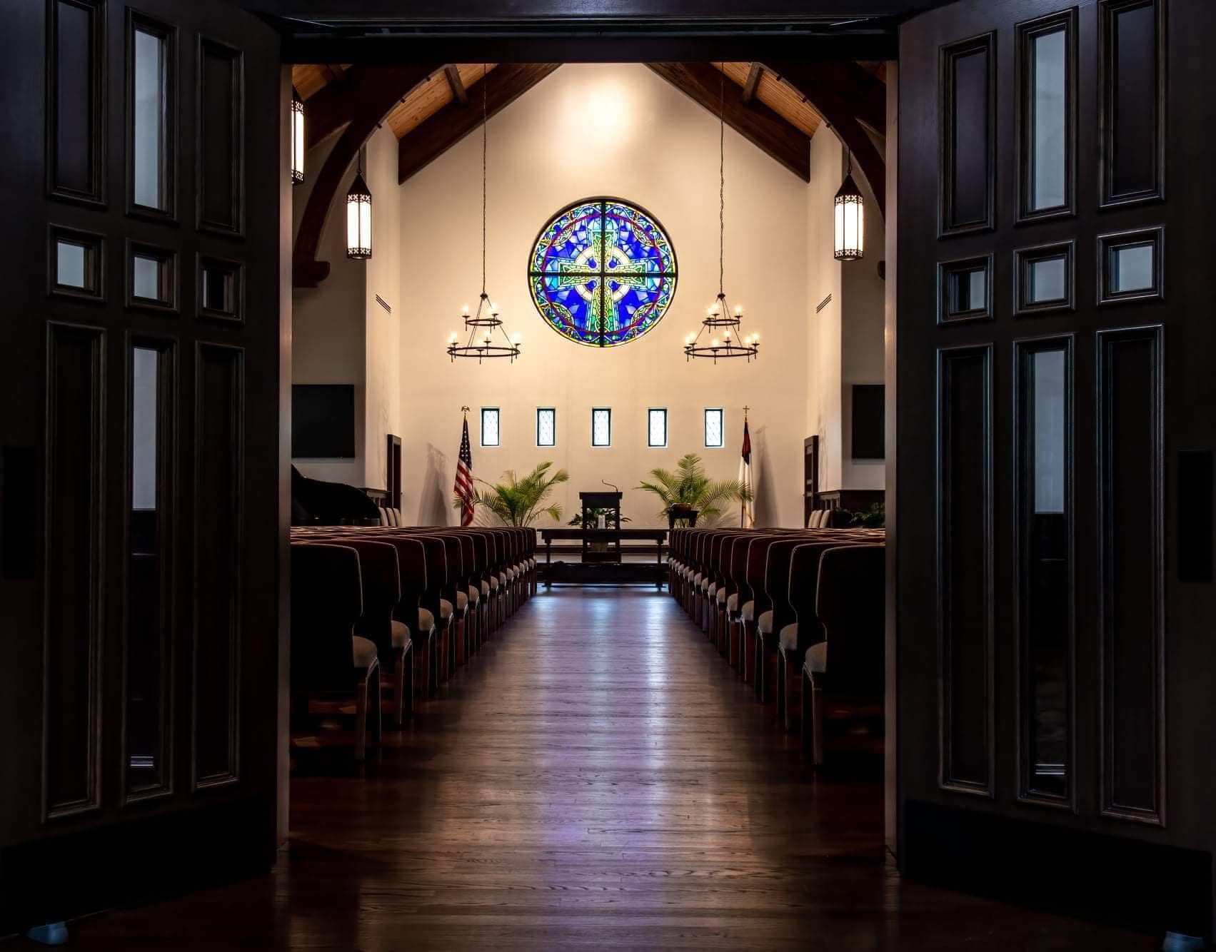 Through the doors into the lit sanctuary at Grace