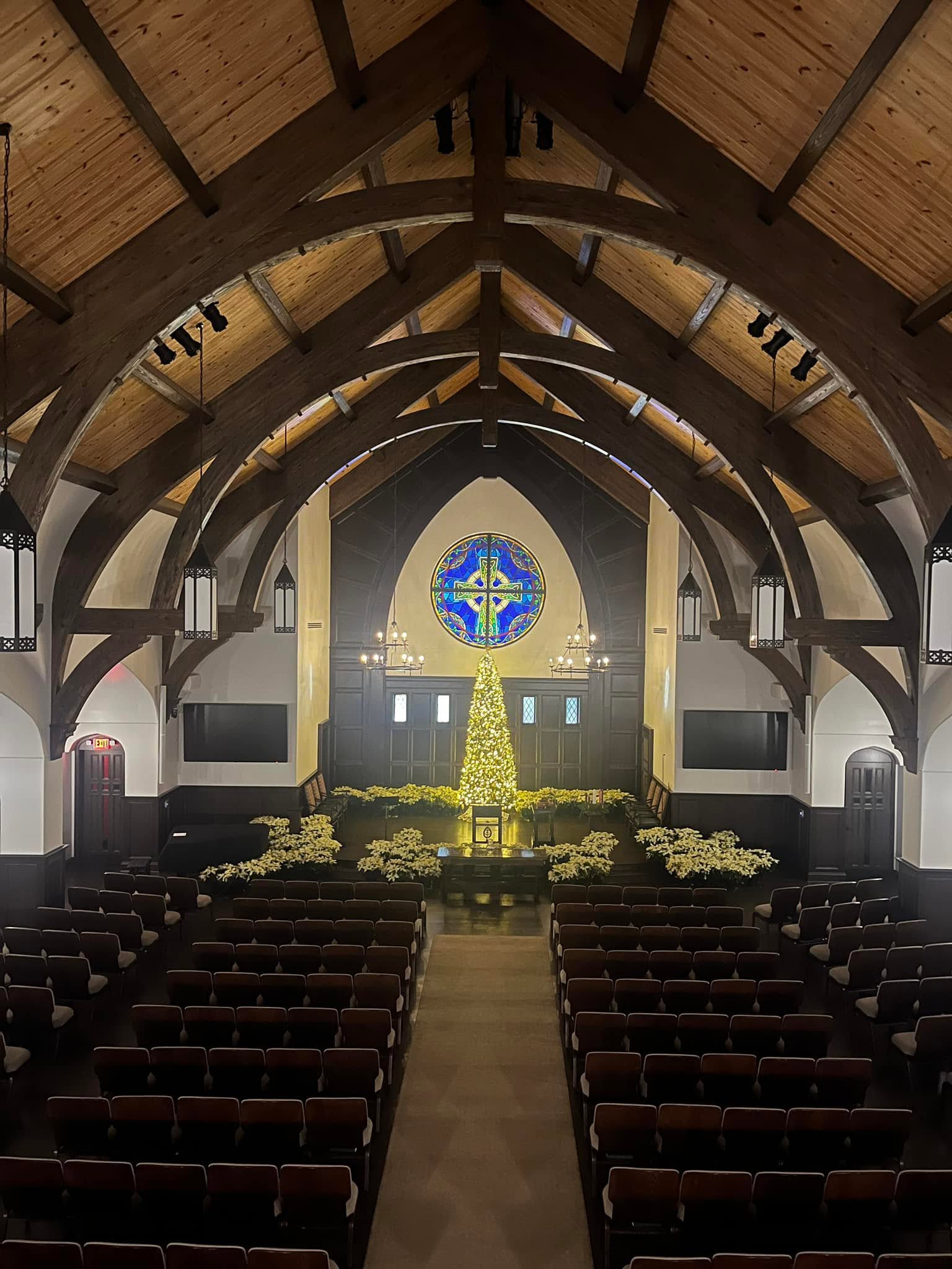 The sanctuary at Christmas, the rose window lit above the gold tree